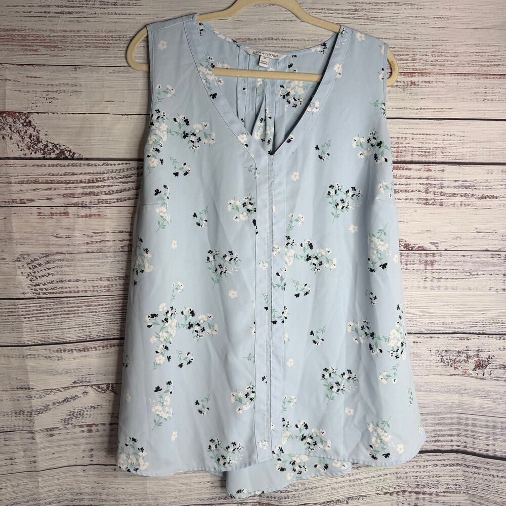 Hawthorn Womens 2X Blue Floral Sleeveless Blouse V Neck Pleated Tunic Top